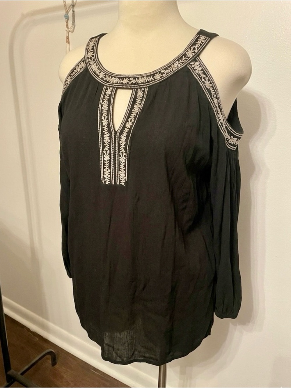 Embroidered Cold-Shoulder Black Dress Tunic